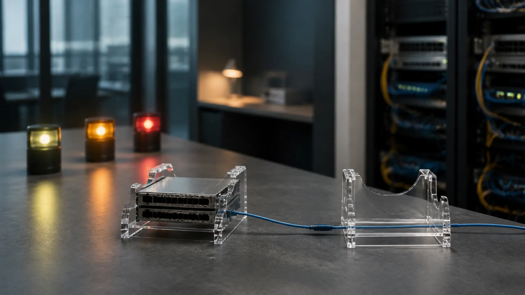 An unlabeled network module waits in one transparent cradle beside an empty transfer cradle in a registry operations room.