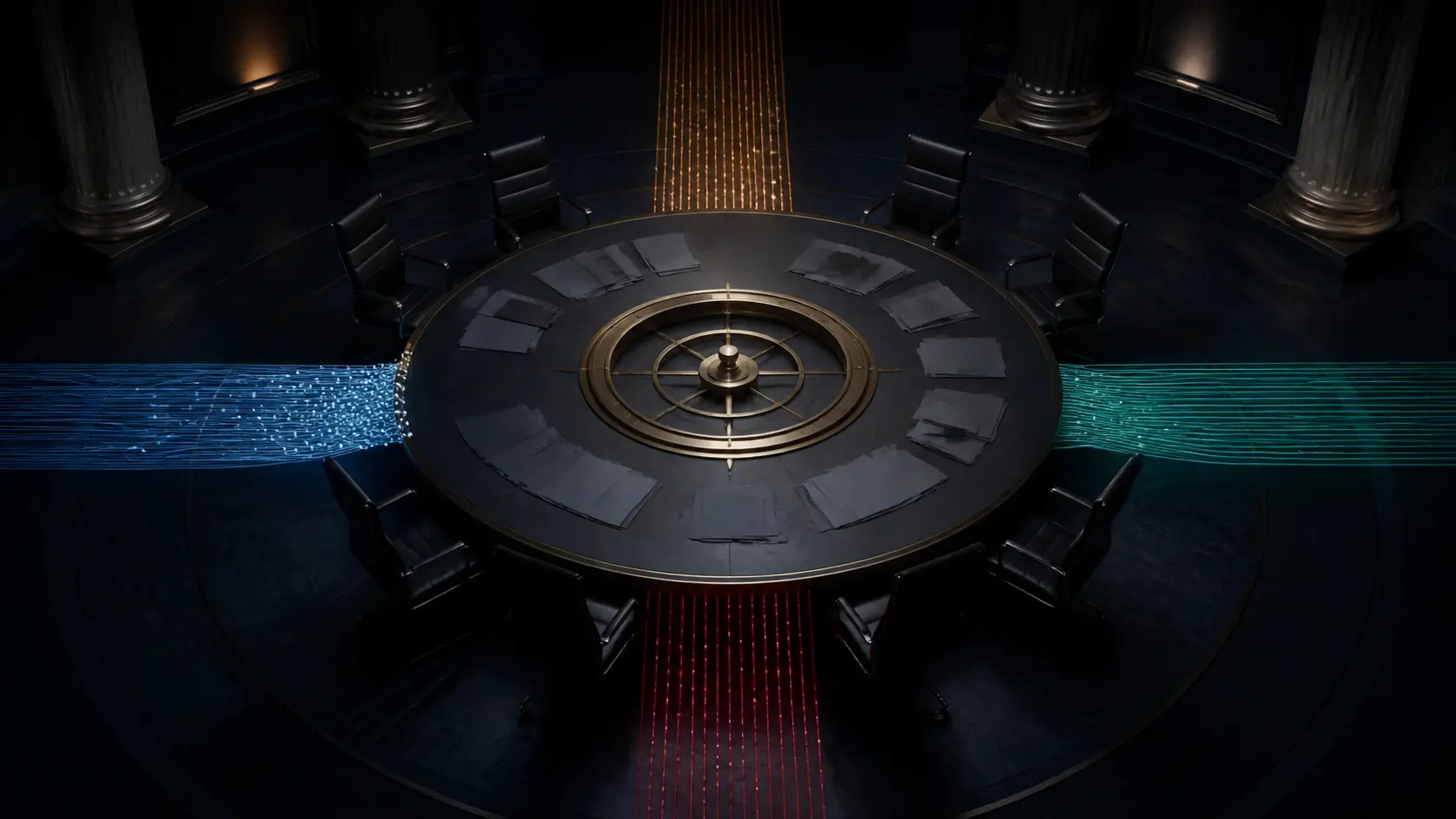 Four colored selection channels enter one circular board table around a shared brass decision ring.