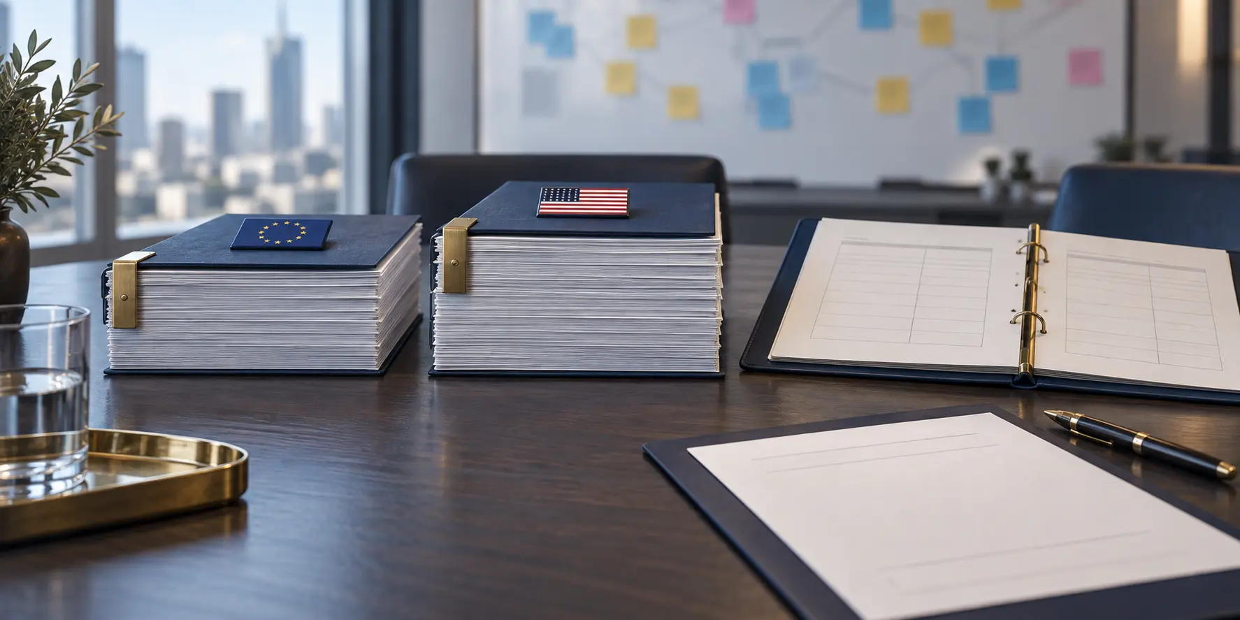 Editorial concept: separate dollar- and euro-context loan folios beside an unfilled revolving-credit ledger and unsigned closing page, with a collaboration board behind them.