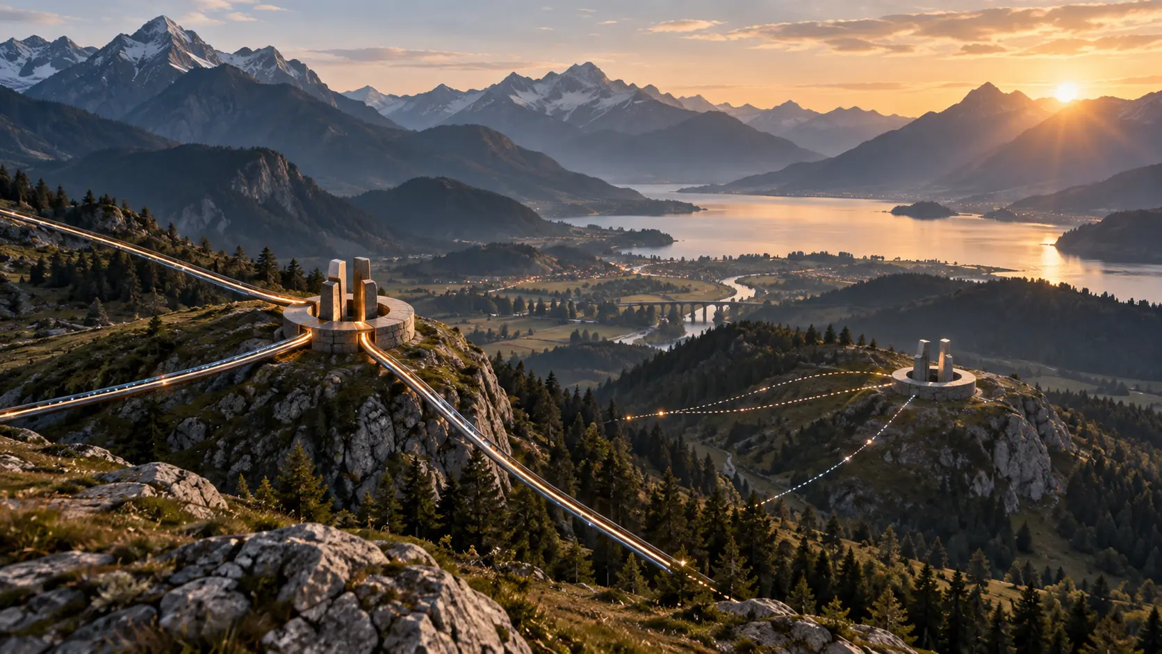Two abstract network junctions in an alpine landscape: three lit routes meet at an established hub while a nearby second junction remains open to possible connections.