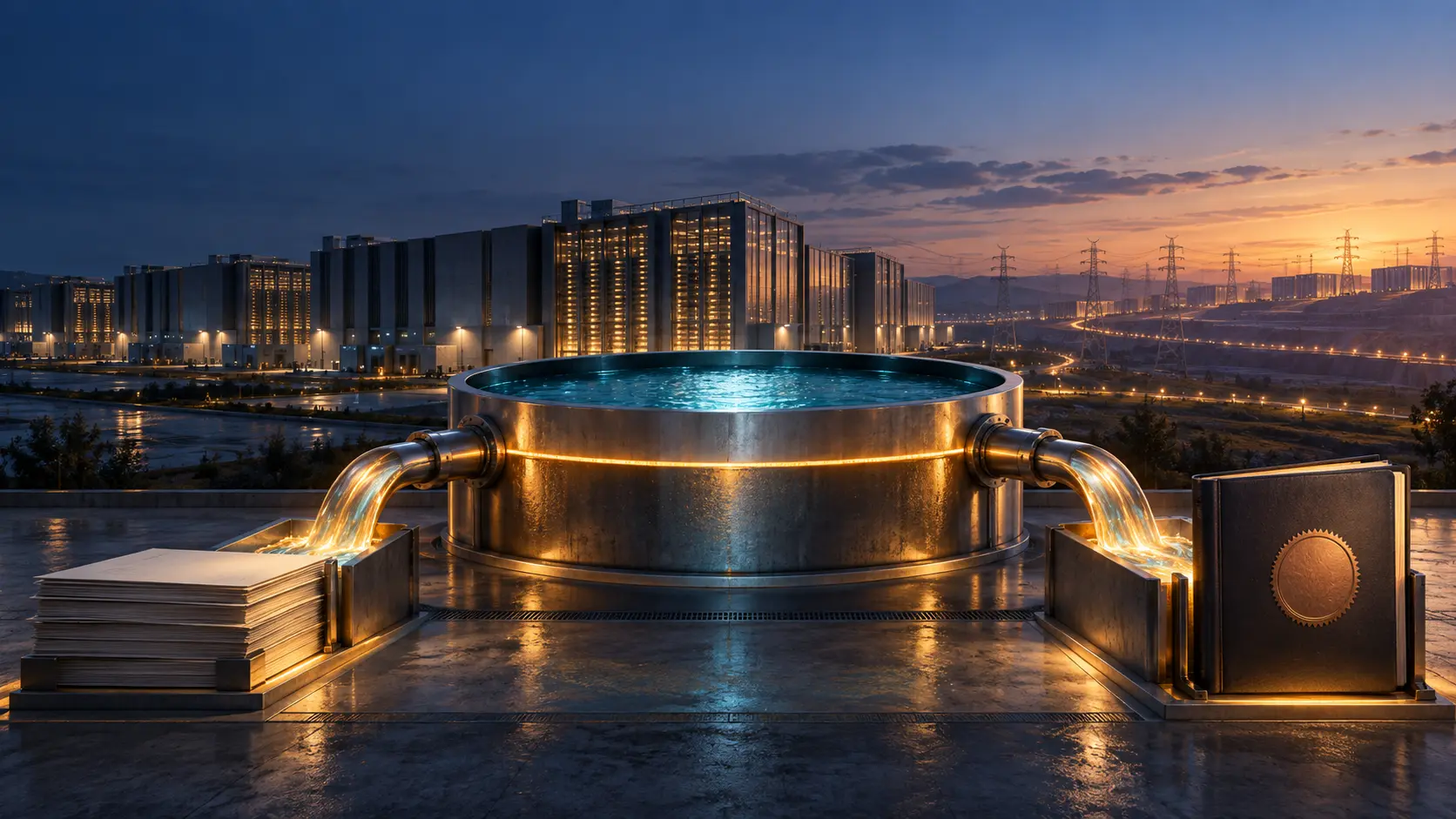 A single illuminated reservoir supplies two separate conduits in front of an abstract data-centre campus, illustrating shared credit capacity.