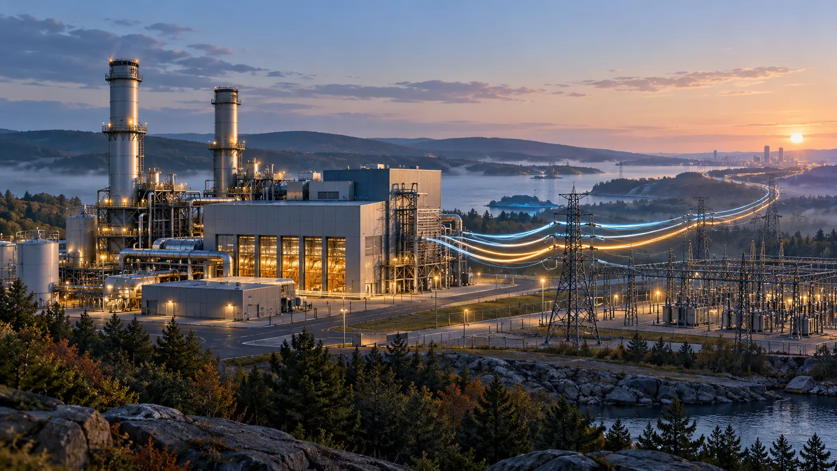 A generic gas-fired combined-cycle power station beside a coastal grid at dusk, with blue and amber light traces crossing the switchyard.