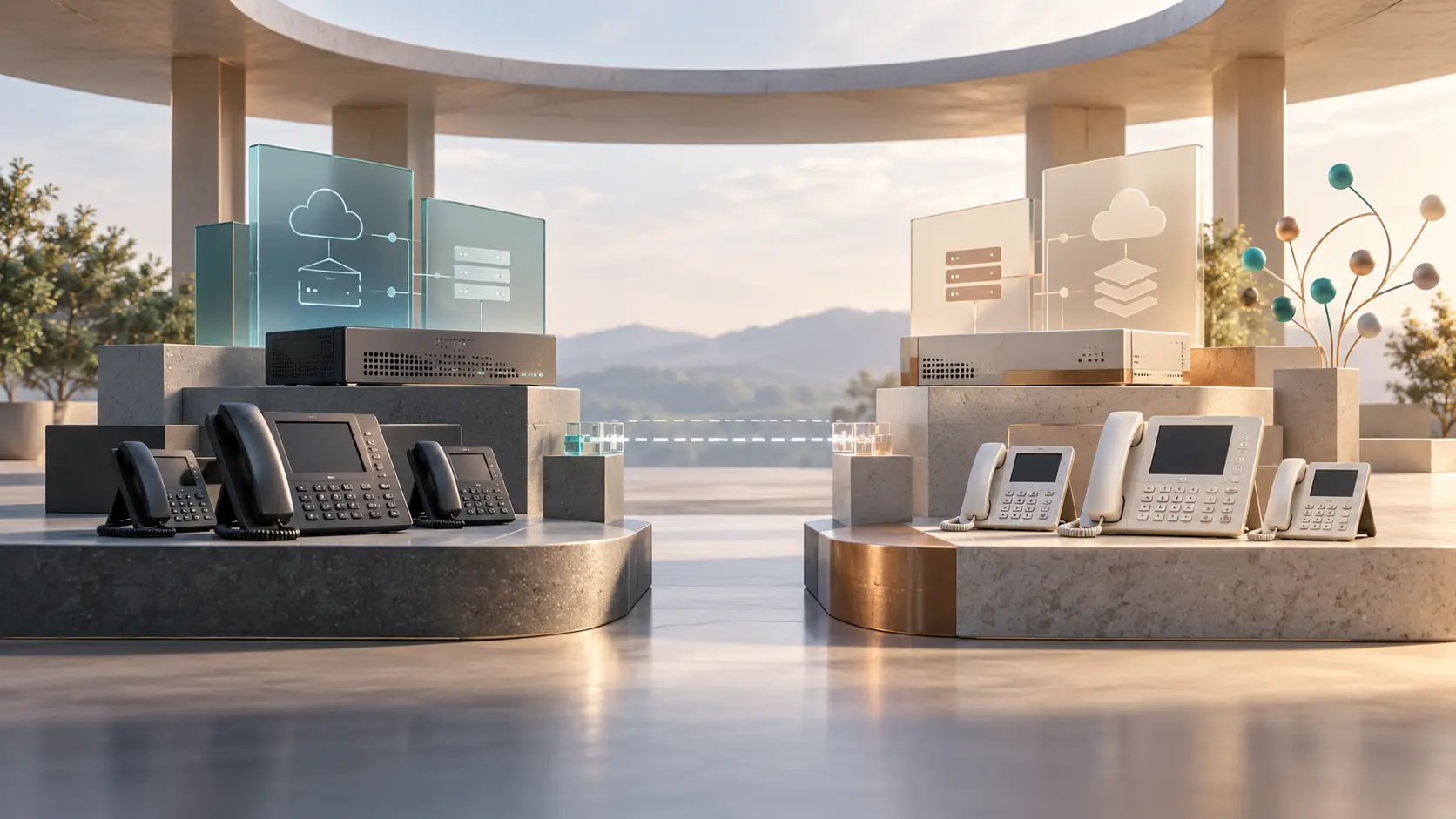 Two generic business-communications systems sit apart beneath one portfolio canopy, with an unfinished light bridge between them.
