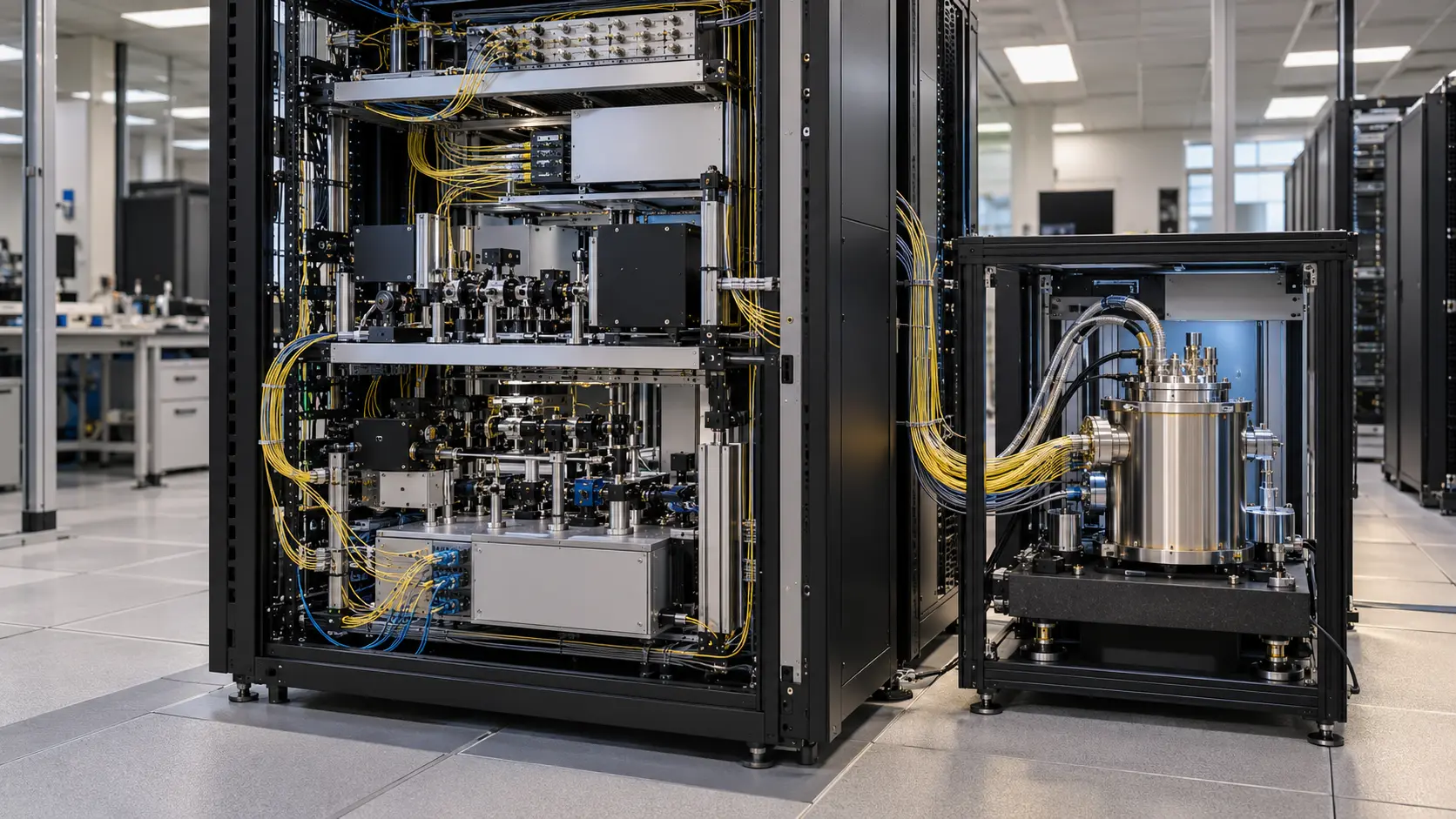 Conceptual illustration of a warm photonic-computing rack linked to a separate cryogenic detector module; not the Xanadu–Bluefors prototype.