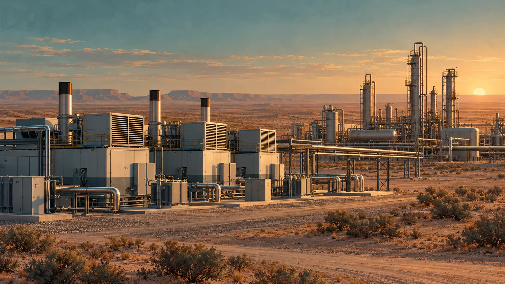 Conceptual editorial illustration of modular gas-to-power equipment beside an abstract natural-gas processing site in the Permian Basin.