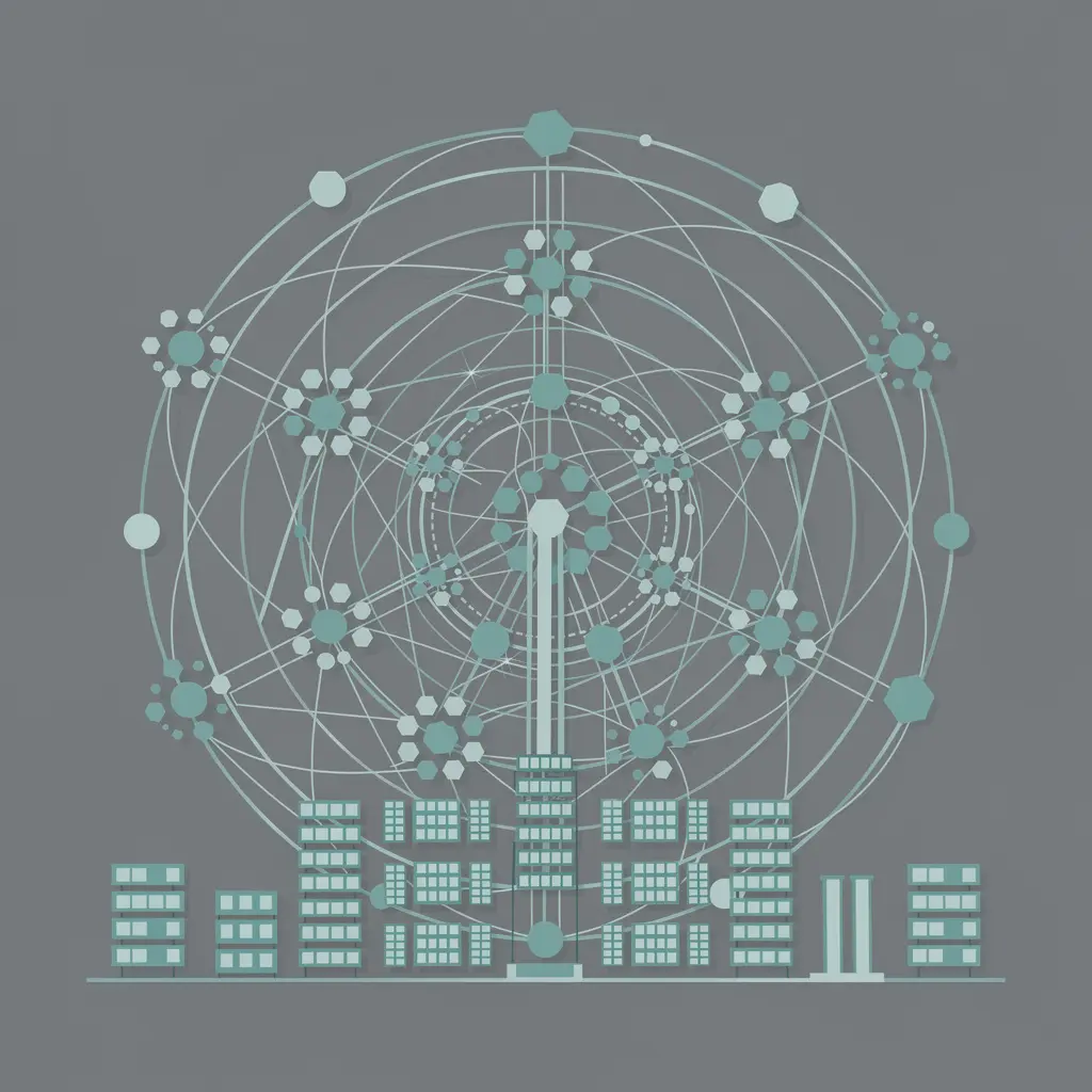 Abstract layered network topology with delegated address blocks as stacked geometric tiles, no text or labels