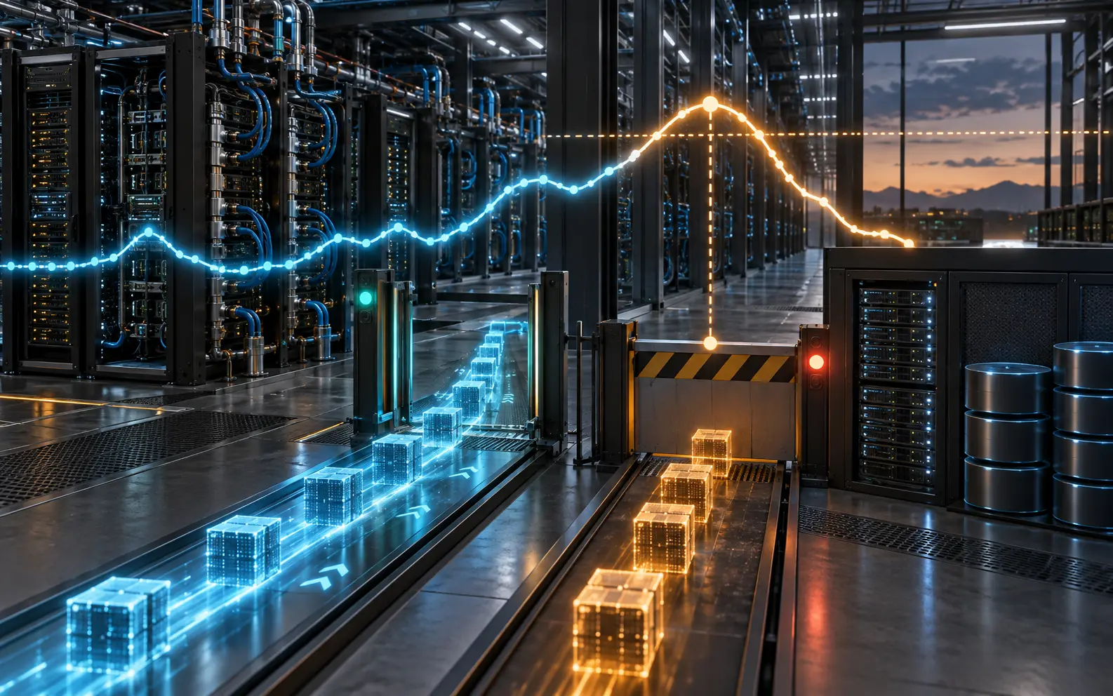 Editorial illustration of GPU server racks split by a changing price path: one compute lane continues and another stops at a threshold.