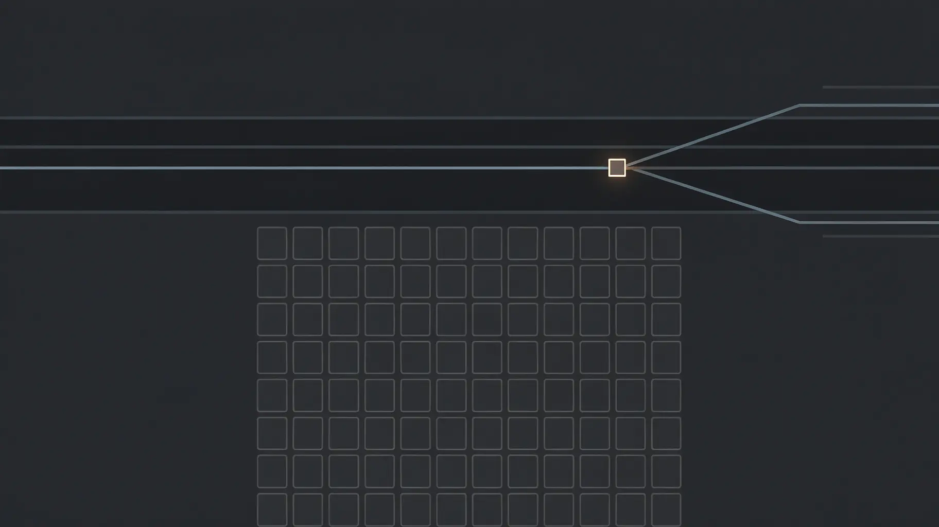 Abstract editorial illustration: a single thin bright line crosses a dark band and ends at one small amber node, with a greyed column of empty outlined rectangles beneath it and two fainter lines diverging toward different off-frame anchors.