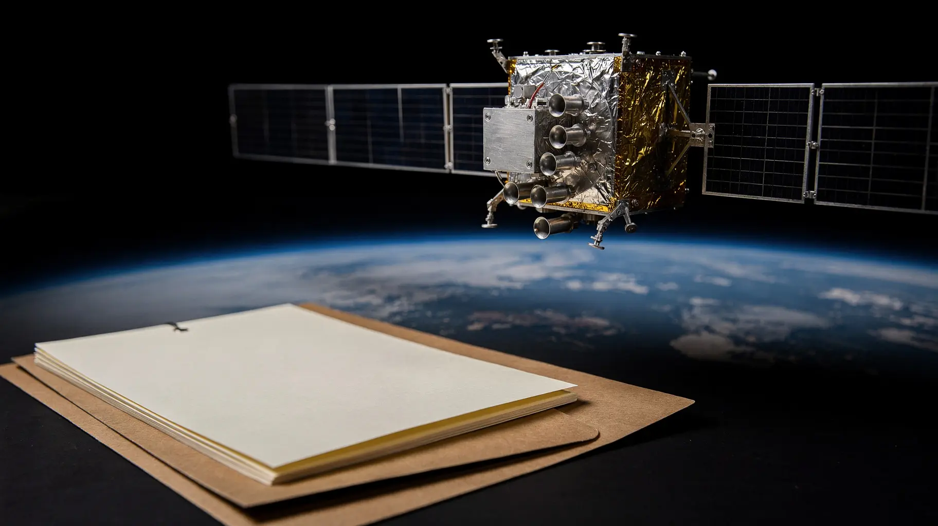 A geostationary communications satellite with deployed solar wings above the curve of the Earth, with an open blank document folder in soft focus in the foreground.