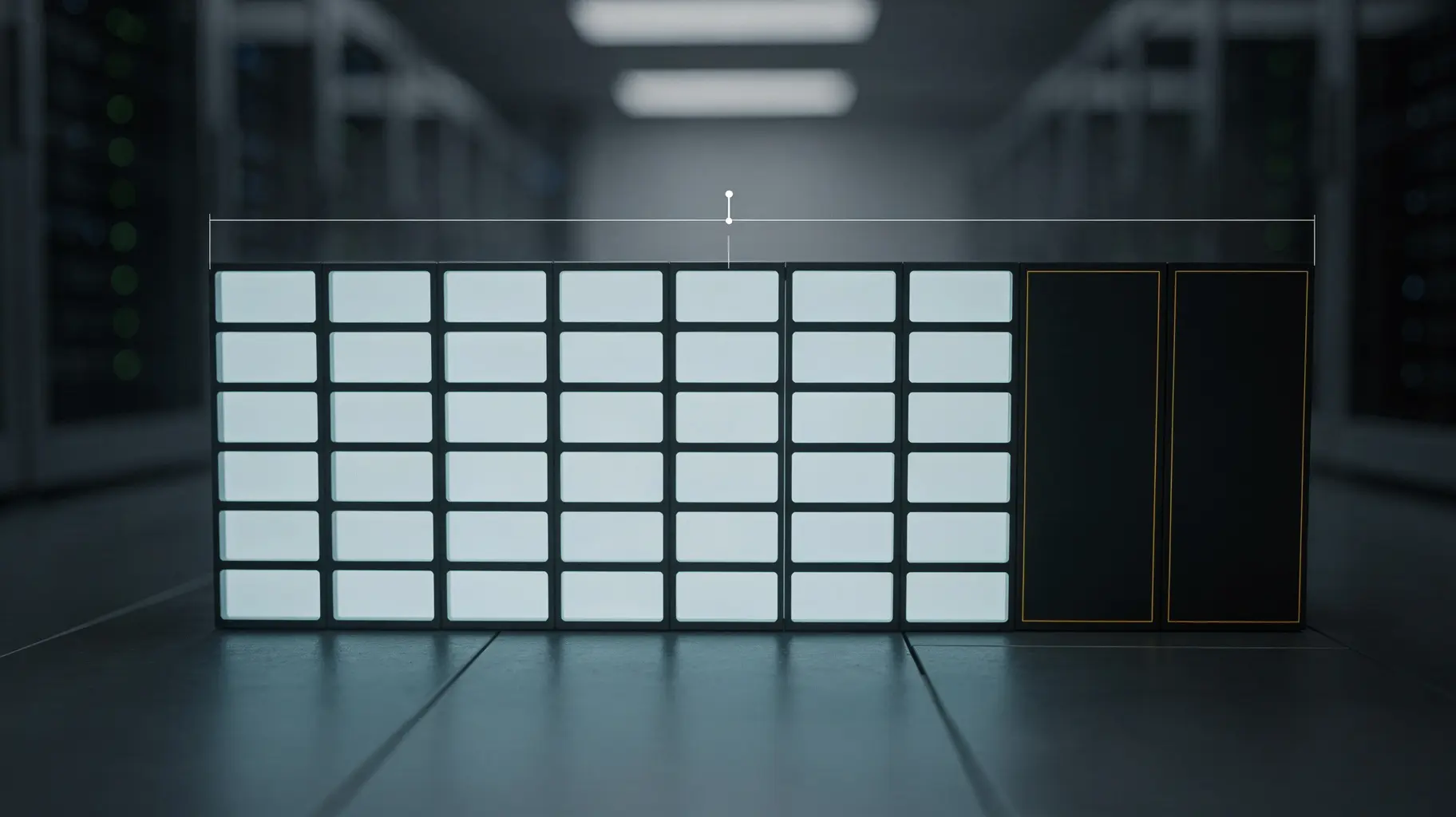 A dark technical scene: a tightly packed grid of cool cyan-white illuminated blocks laid out like an accounting ledger of allocated computing capacity, with two adjacent cells at the right edge left blank and unlit, outlined only by a faint amber hairline, while a blurred data-centre aisle of server racks recedes behind and a thin measurement indicator hovers above the grid without reaching the two empty cells.