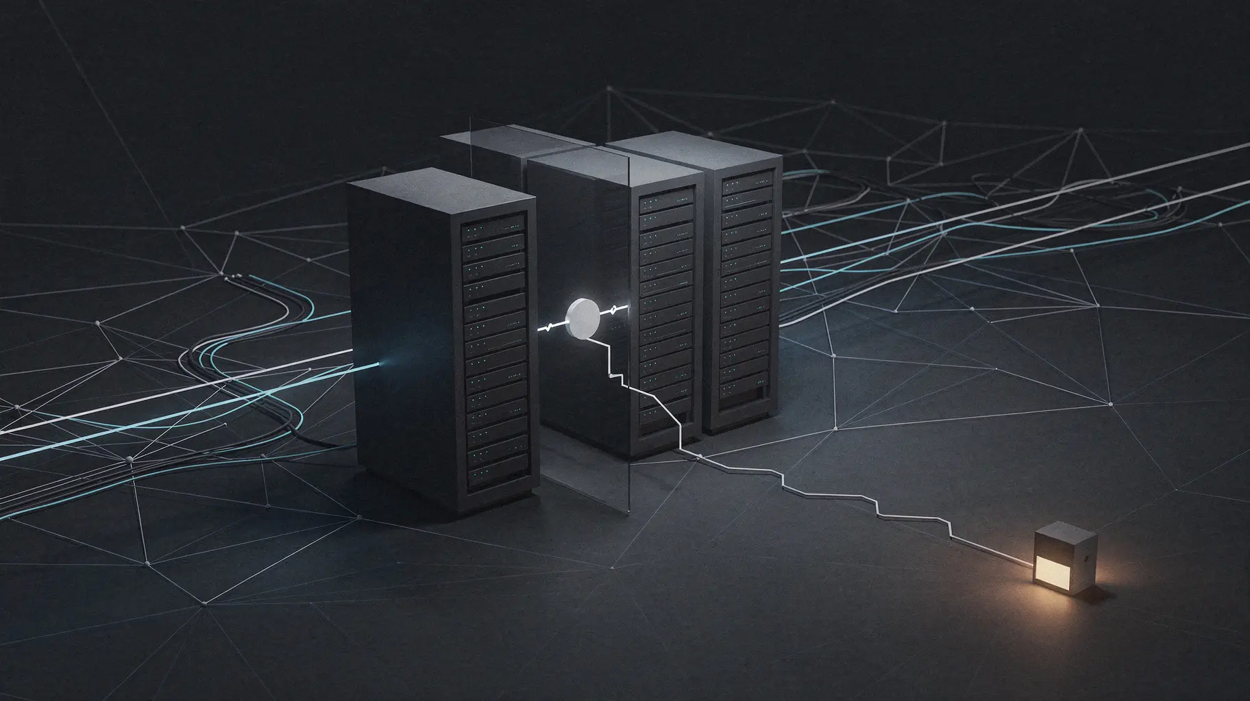 Editorial illustration: a small circular control node sits immediately inside a dark central cluster of server racks, joined to it by a broken link that fades before reaching its destination, while a single isolated device far outside the cluster emits a steady pale amber signal.